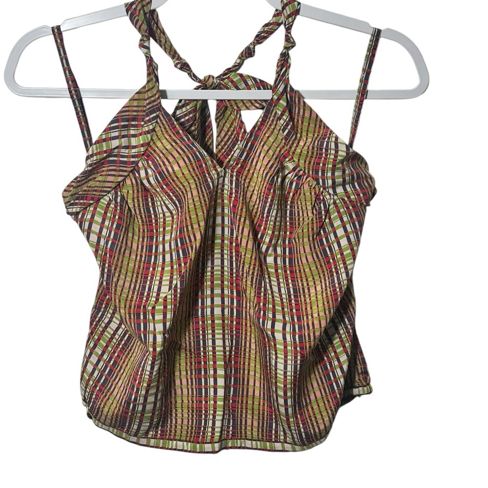 Robert Graham Womens 100% Silk Halter Top Plaid Green Pink Size 6 Button Back